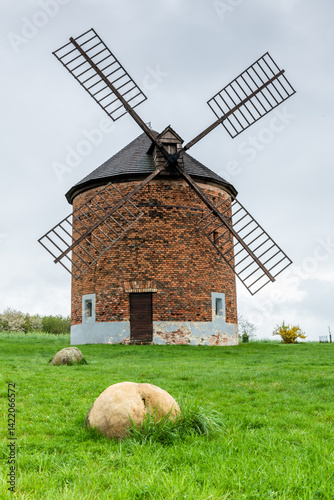 Obraz na płótnie historic windmill in czech village surrounded by spring blossoms w salonie