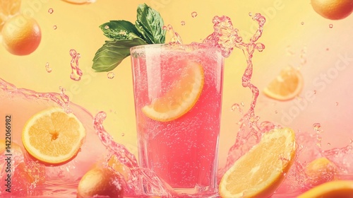 A glass of pink lemonade with a green leaf in it. The drink is splashing out of the glass and onto the table