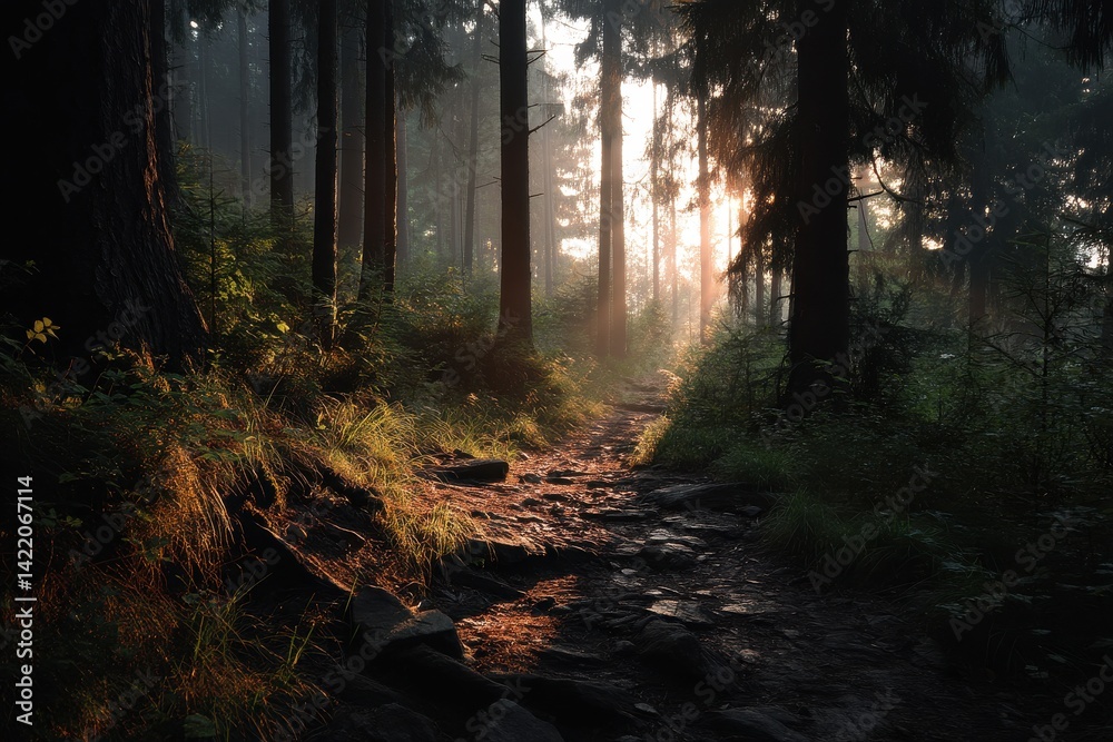 Fototapeta premium Serene Forest Path with Morning Light and Fog Effects in Nature