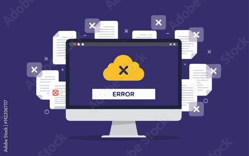 Cloud Storage Error and Data Access Failure. A flat vector illustration depicting a computer monitor displaying a yellow cloud icon with a prominent black "X" and the word "ERROR" below it. 