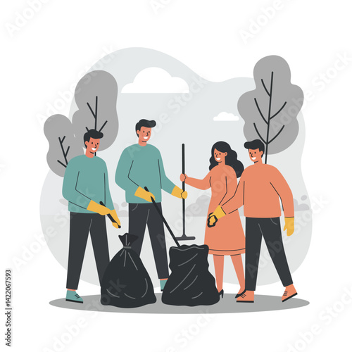 Group of people cleaning park and collecting trash outdoors with gloves and bags natural environment care teamwork teamwork activity 