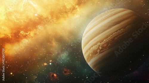 A large planet is in the foreground of a colorful, starry sky. The planet is surrounded by a cloud of gas and dust, giving the impression of a fiery explosion. The scene is both beautiful