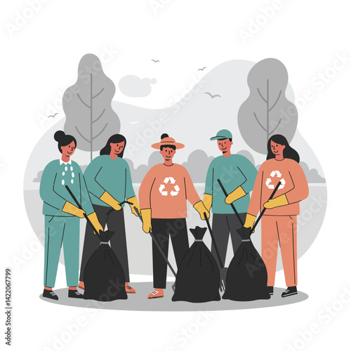 Group of volunteers cleaning park area with trash bags and gloves promoting environmental care and recycling efforts in community setting 
