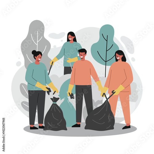 Group of people volunteer picking up trash in park environmental cleanup activity teamwork and community service
