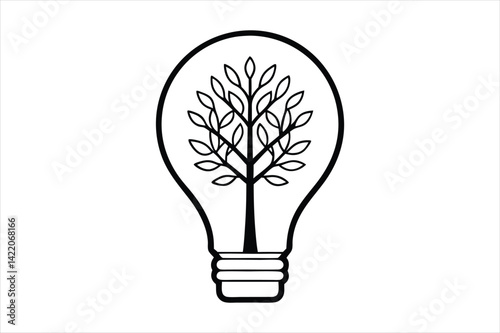 line art illustration of a light bulb with a detailed tree growing inside
