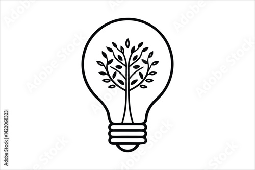 line art illustration of a light bulb with a detailed tree growing inside