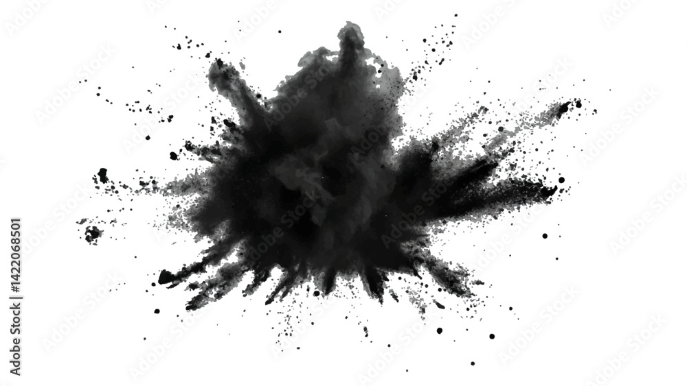 Black opwder burst explosion splash isolated on transparent white background. Vector holi colors. Vector black ink powder explosion isolated on white background. Black opwder burst explosion splash isolated on transparent white background. Vector holi colors. Vector black ink powder explosion isolated on white background.
