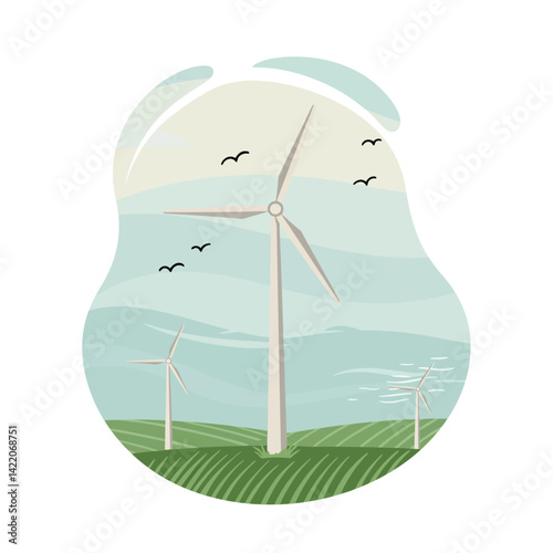 Wind turbines generating clean energy in green fields with birds flying under cloudy sky natural landscape scene 