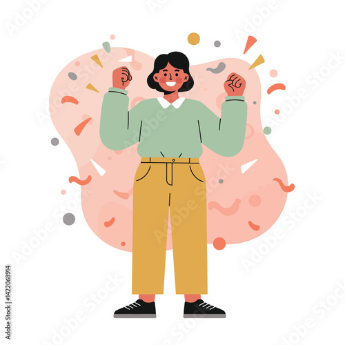 Confident person celebrating with raised fists in green sweater and mustard pants with abstract background illustration 