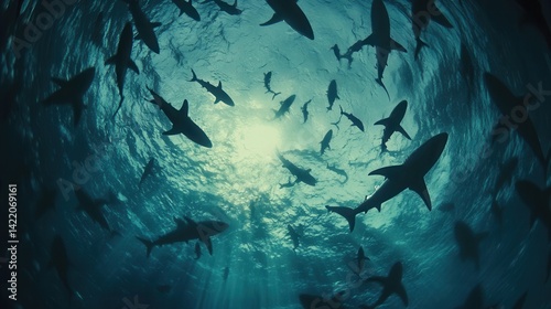Oceanic Shark Silhouette Swarm  Underwater Scene