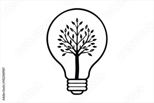 line art illustration of a light bulb with a detailed tree growing inside