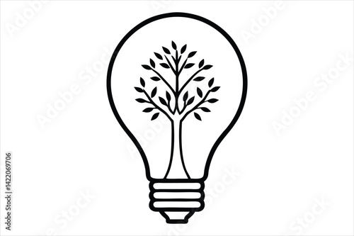 line art illustration of a light bulb with a detailed tree growing inside