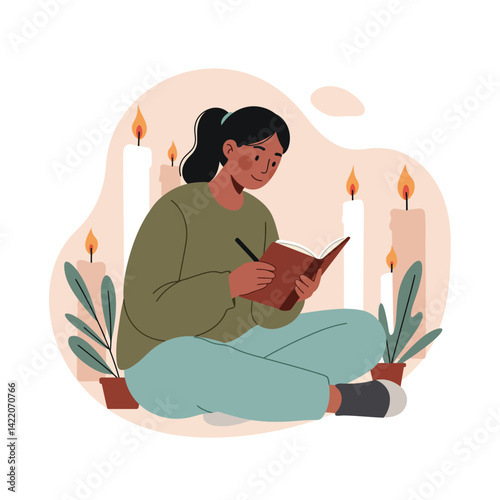Woman with book reading surrounded by lit candles and plants in cozy setting natural warm light 