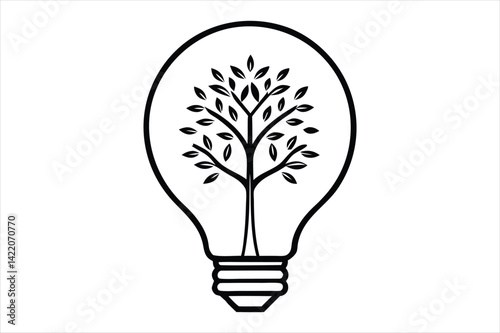 line art illustration of a light bulb with a detailed tree growing inside