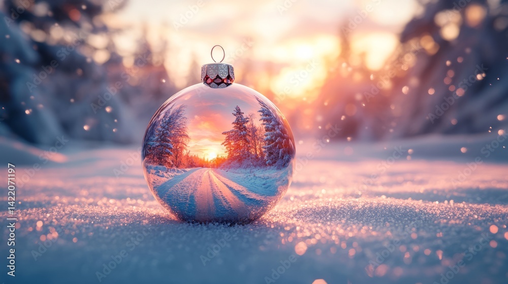 Obraz premium Reflective Christmas bauble: snowy road sunset.