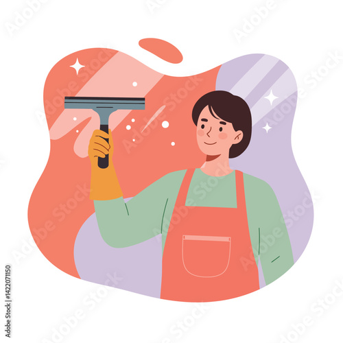 Woman cleaning window with squeegee in colorful background smiling with apron and gloves indoor cleaning concept 