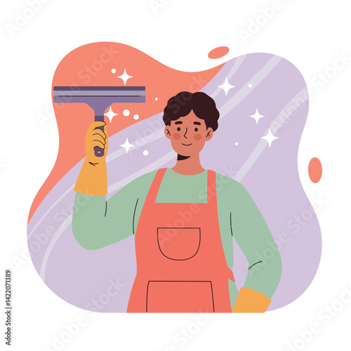 Person cleaning window with squeegee in apron and gloves on colorful background for household chores and cleaning tasks 