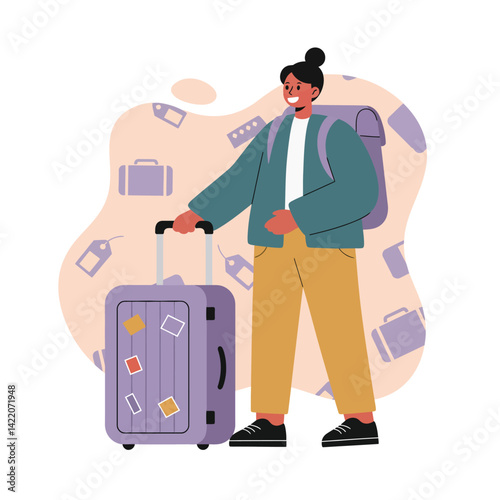 Happy young woman traveler with purple suitcase and backpack preparing for journey and adventure