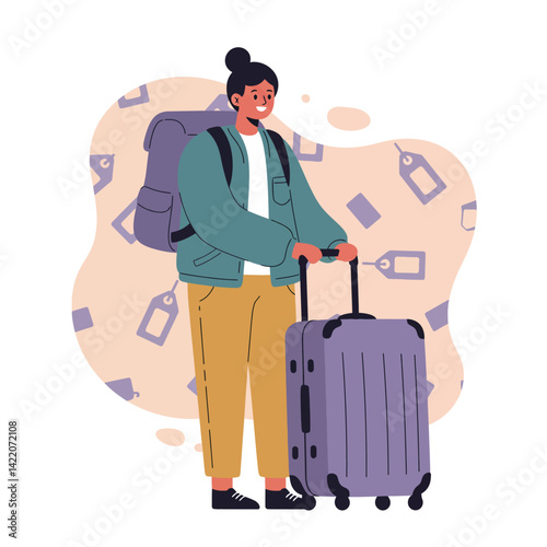 Woman traveler with backpack and rolling suitcase preparing for trip in casual outfit and sneakers 