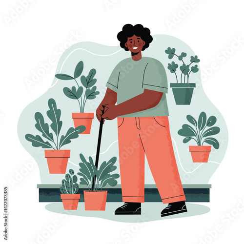 Person tending indoor plants with green foliage in terracotta pots at home gardening activity for plant care and relaxation 