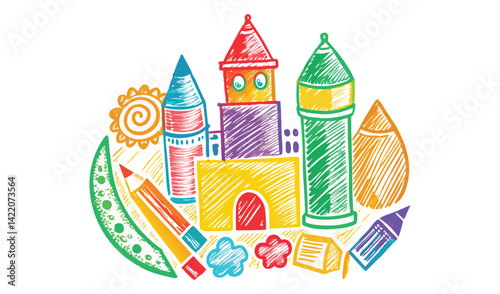 Children artwork with colored pencils - fairy tale castle