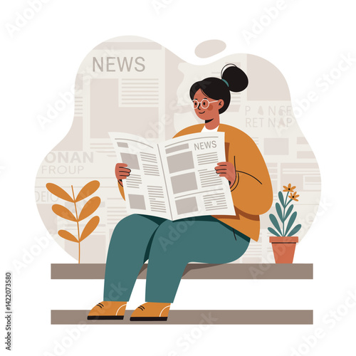 Woman reading newspaper sitting on bench with plants in casual outfit and glasses calm lifestyle scene 