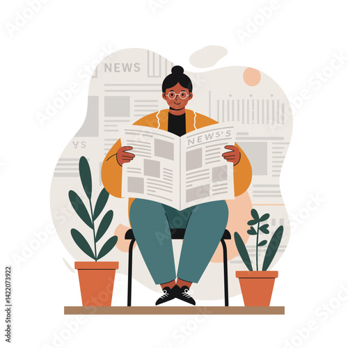Woman with glasses reading newspaper indoors surrounded by potted plants in calm setting 