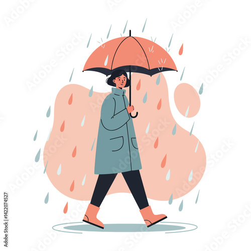 Woman walking in rain holding orange umbrella with teal coat and black pants in rainy weather 