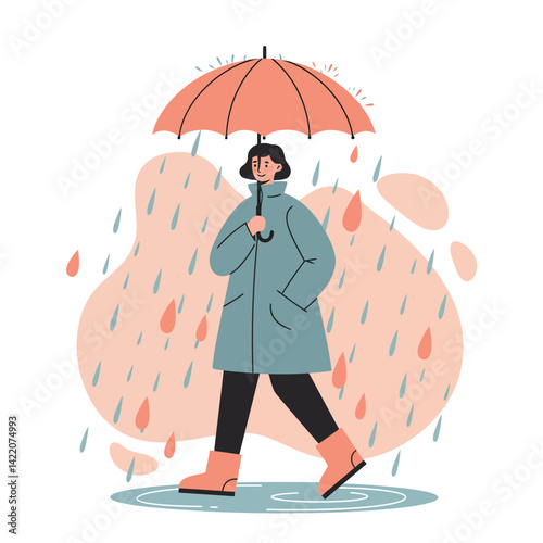 Woman walking with umbrella in rain wearing blue coat and orange boots in rainy weather illustration 