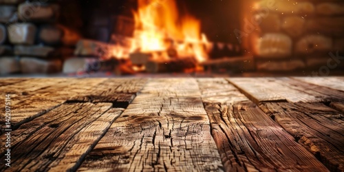 Rustic Wooden Tabletop with Cozy Fireplace Background