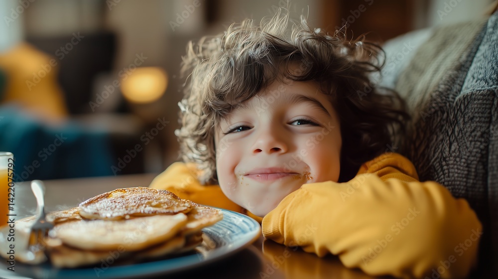 Cheerful young boy enjoying pancakes at breakfast, displaying joy and warmth in cozy home setting. Cheerful young boy enjoying pancakes at breakfast, displaying joy and warmth in cozy home setting.