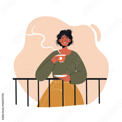 Woman enjoying hot coffee on balcony with steam and warm beige background natural scene 