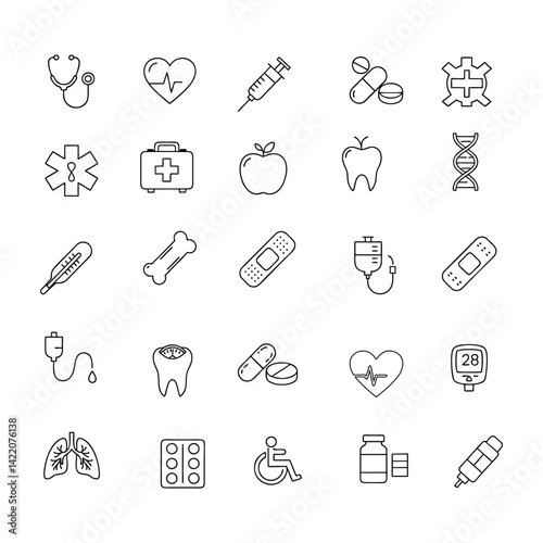 Detailed Medical and Healthcare Outline Icons Set