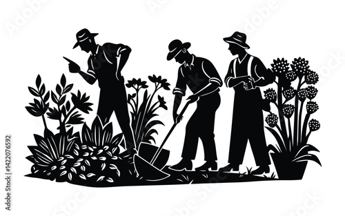 ilhouette Agricultural Scene of Individuals Gardening and Harvesting Produce