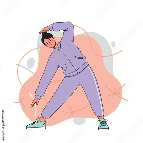 Woman stretching in purple sportswear performing side bend exercise with stylish green shoes in casual fitness routine