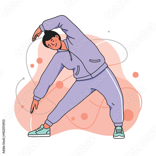 Person stretching in purple tracksuit doing side bend exercise for fitness and flexibility indoors 