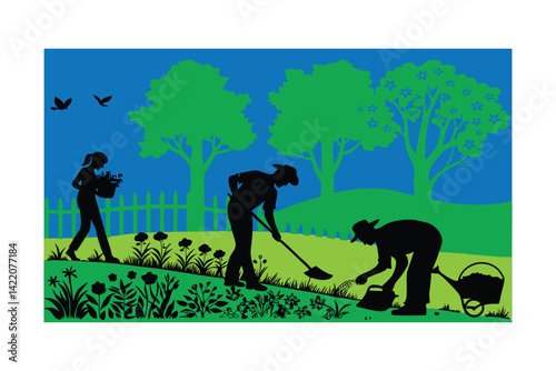 ilhouette Agricultural Scene of Individuals Gardening and Harvesting Produce