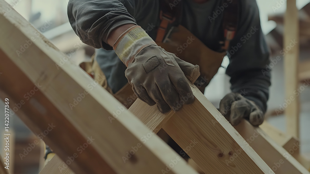 Construction Worker Handling Wooden Beams Construction Worker Handling Wooden Beams