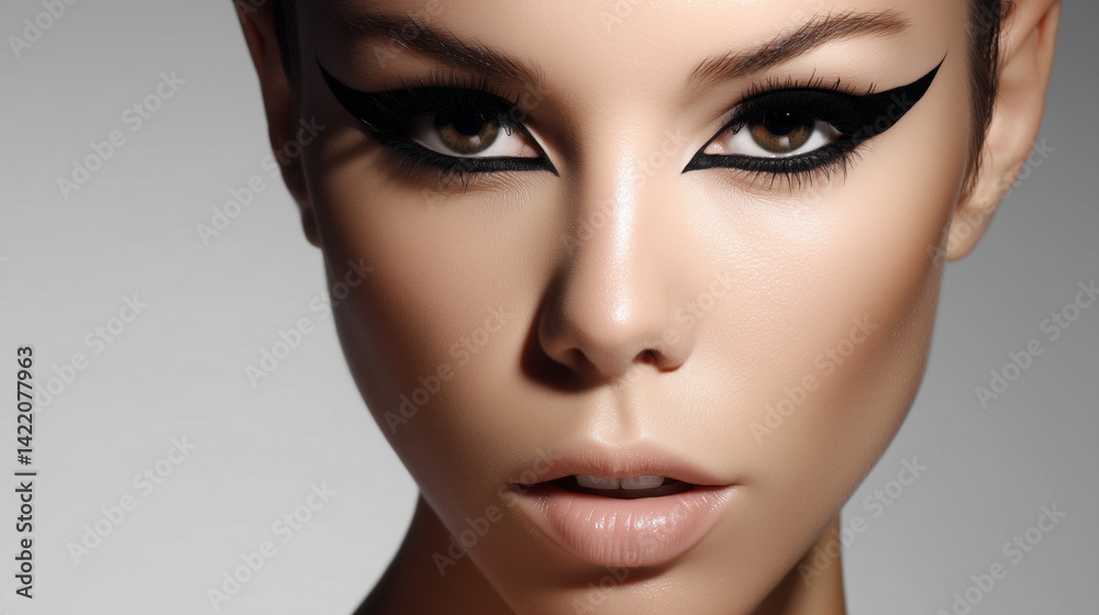 Fototapeta premium Bold, geometric eyeliner shapes meet vintage aesthetics. Perfect for fashion-forward campaigns, beauty blogs covering avant-garde looks, or brands targeting expressive individuality.