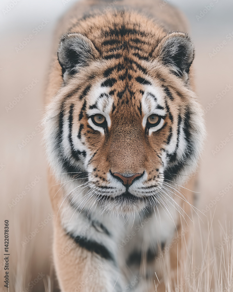Naklejka premium front-facing close-up portrait of a tiger in natural habitat with sharp detail on fur and eyes, intense gaze and majestic wildlife presence captured in outdoor blurred background for nature and animal