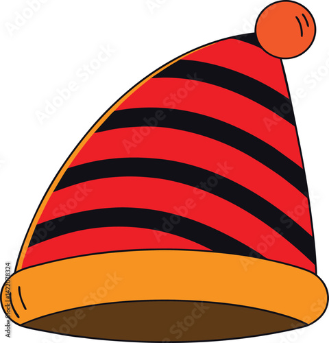 Vibrant Festive Hats with Colorful Stripes and White Pom-Poms on Brown Background