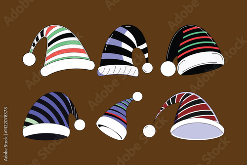 Vibrant Festive Hats with Colorful Stripes and White Pom-Poms on Brown Background
