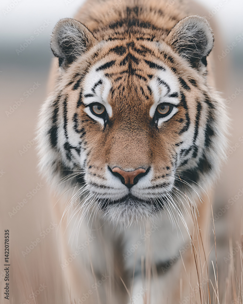Fototapeta premium front-facing close-up portrait of a tiger in natural habitat with sharp detail on fur and eyes, intense gaze and majestic wildlife presence captured in outdoor blurred background for nature and animal