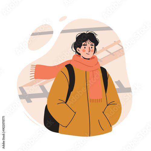 Young person wearing orange scarf and brown coat standing near train tracks in autumn style illustration 
