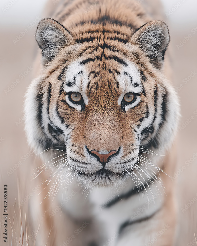 Naklejka premium front-facing close-up portrait of a tiger in natural habitat with sharp detail on fur and eyes, intense gaze and majestic wildlife presence captured in outdoor blurred background for nature and animal