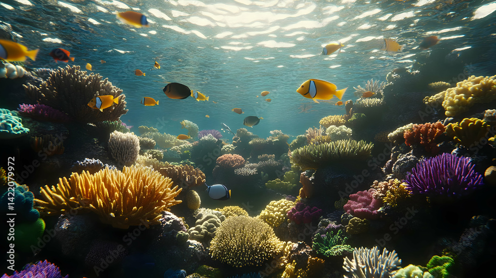 Naklejka premium Vibrant Coral Reef with Colorful Fish Under Sunlight