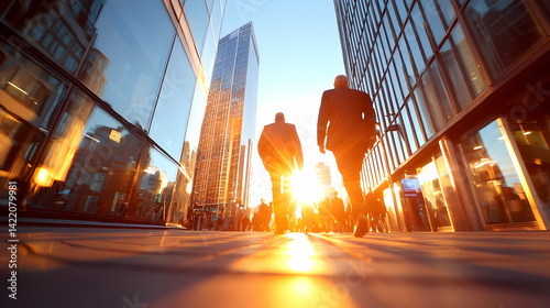 Businessmen Walking Towards Sunset in Modern City