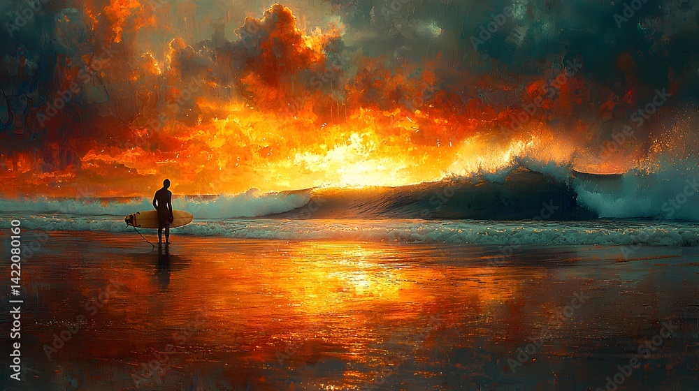 Fototapeta premium A lone surfer stands at the edge of the glowing ocean, bathed in fiery sunset hues, waves crashing ahead, capturing the spirit of solitude, freedom, and anticipation before an exhilarating ocean ride