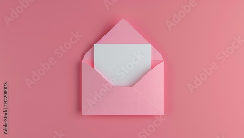 Open pink envelope with empty white sheet coming out on pink textured background. Top view. Pastel pink background romantic love design. Wedding copy space