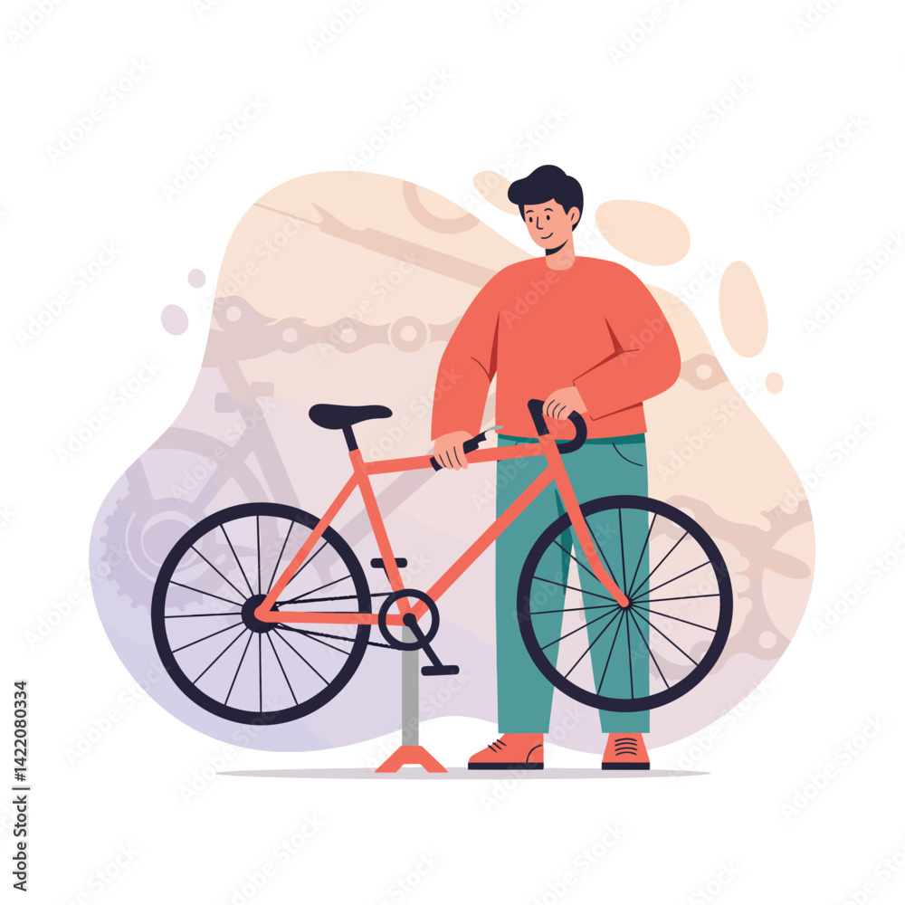 Fototapeta premium Man repairing orange bicycle with pump in casual outfit on abstract background